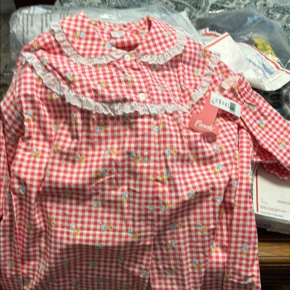 Pink Gingham Pajama Set with Lace Trim